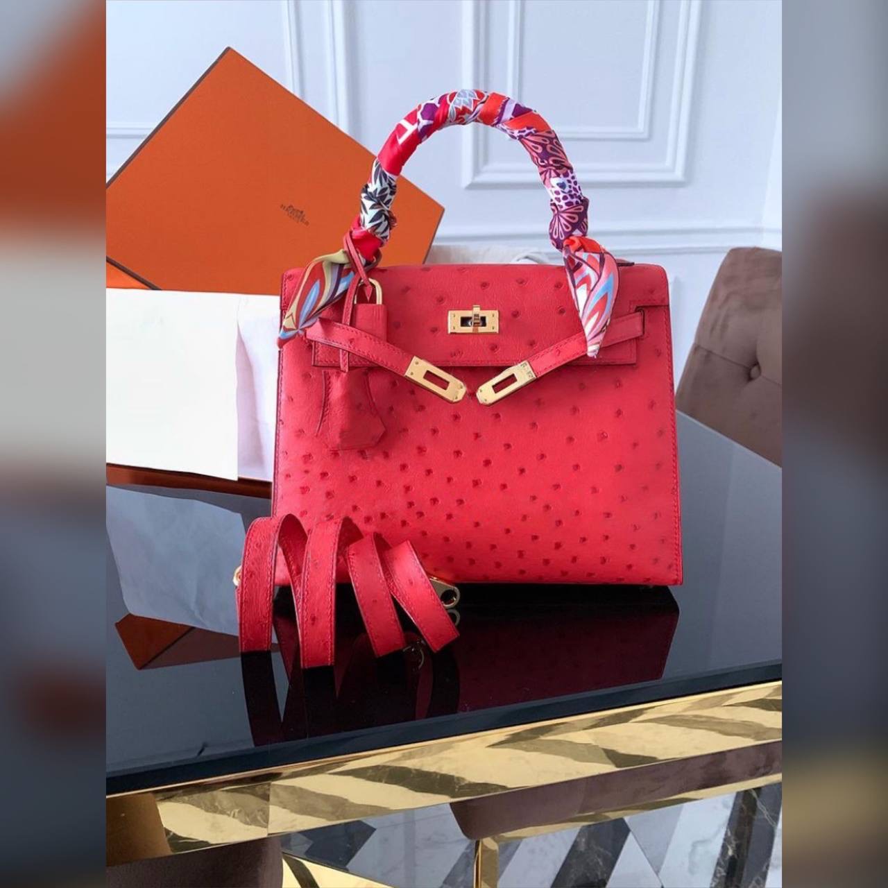 Hermes Kelly Ostrich Gold bag